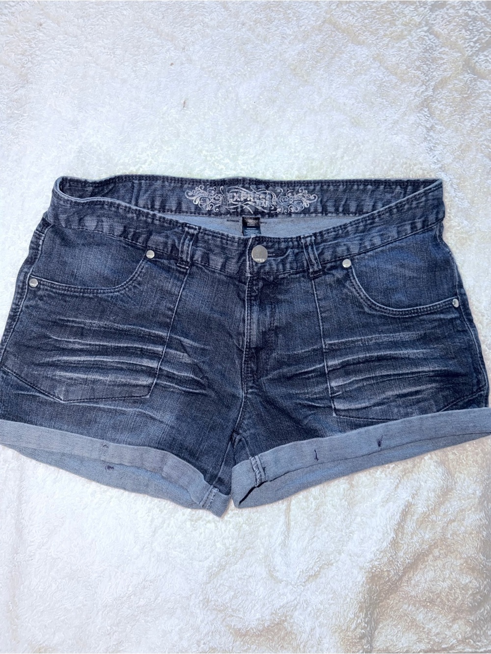 Express Dark Wash Denim Shorts - Casual Rolled Hem